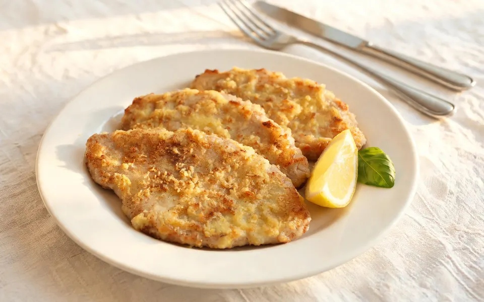 Kalbsschnitzel in Ei-Parmesan-Panade mit Zitronenschnitz und Basilikum auf weissem Teller