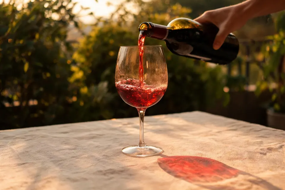 Rotwein wird im Abendlicht auf der Terrasse eingeschenkt